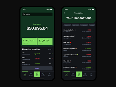 Finance app dashboard and transaction list app balance dashboard finance minimalism money transaction ui ux