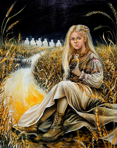 Original Painting - Ukrainian Woman in Wheat Field, War art design hand painted handmade paint painting people ukraine war woman