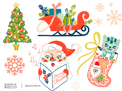 Holiday Graphics acacia rocco caroling christmas cute illustration kawaii santa sleigh stocking tree