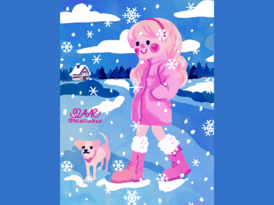 Walking in a Winter Wonderland acacia rocco cute dog girl illustration kawaii pink snow winter