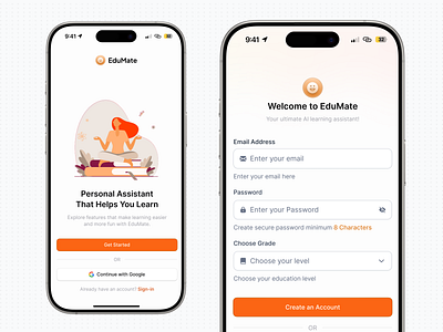 Onboarding🎴 anim app branding clean design education graphic design illustration login logo lottie motion motion graphics onboarding orange register signin signup ui white