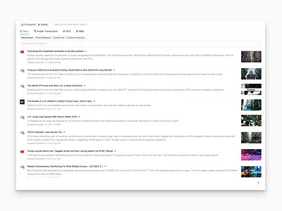 Countercyclical · Search (Events View) avatar card clean design enterprise finance icon input list minimal news segment switch ui ux white