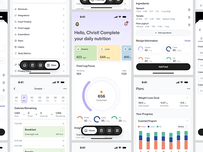 Meal and Nutrition Plan Mobile App UI/UX - Full Screen calendar calories chart dashboard food planner food track graph healtchare ios meal plan medical mobile app nutrition planner product design saas tracking app ui uiux web app