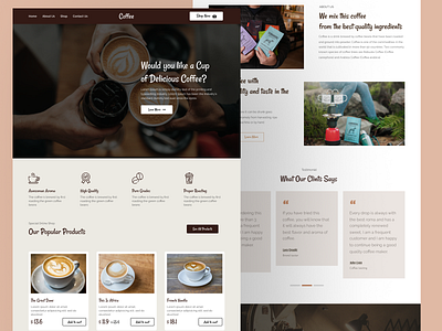 Coffee Landing Page cafe clean coffee coffee bean coffee shop cup design drink espresso food food delivery homepage illustration landing page restaurant shopping uiux web web design website