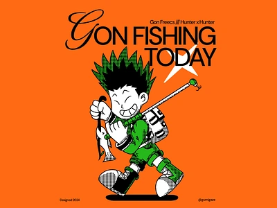 Gon Freecs 🎣🟢🟠 anime boy branding child children fanart fishing graphic design green halftone hunter x hunter illustration manga orange poster retro sticker t shirt vibrant