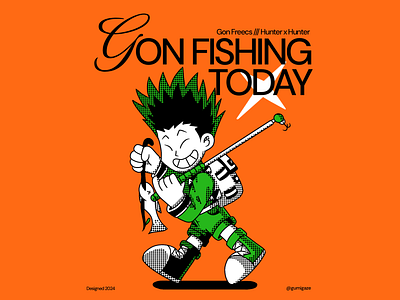 Gon Freecs 🎣🟢🟠 anime boy branding child children fanart fishing graphic design green halftone hunter x hunter illustration manga orange poster retro sticker t shirt vibrant