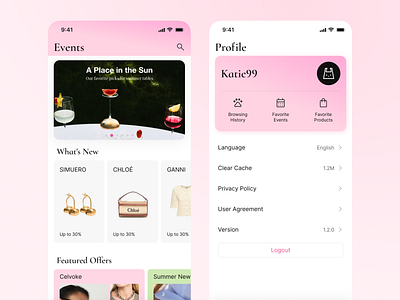 online shop app - event & profile app branding clothes design fashion graphic design pink shopping ui ux