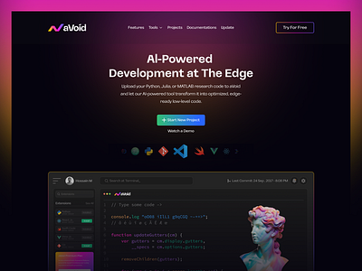 aVoid - Landing Page UI Design agency website design artificial intelligence avoid branding coding figma design figma ui design landing page logo modern ui product design sass sass design sass ui tech logo tech website ui ui design uiux webflow design