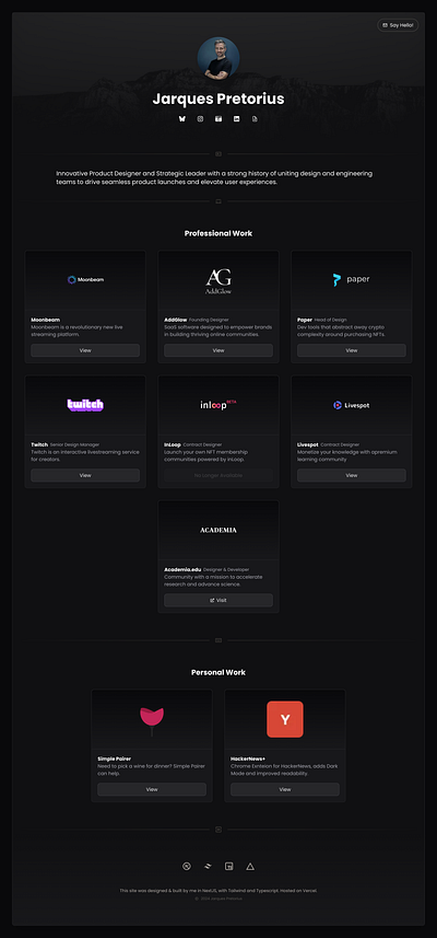 Portfolio design nextjs personal site portfolio vercel work