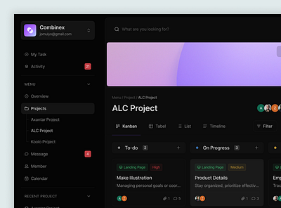 Combinex - Task Dashboard activity darkmode dashboard design kanban management minimalist notion planner planning project sidebar task task list team app ui ux website work workflow