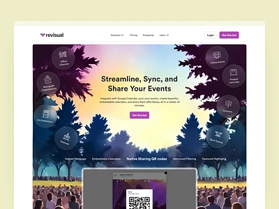 Landing page for event management platform app branding design desktop event features hero illustration landing management minimal navigation page qr code saas tab ui ux web webdesign