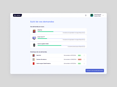 Suivi des demandes de fournitures app office order saas supplies ui ux