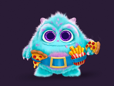 Character design. Creation a brand mascot - Monster Mascot art big eyes blue monster branding character design commercial art design digital art freelance illustrator french fries fuzzy game graphic design illustration illustration brand kids illustration mascot mascot monster mobile illustration pizza