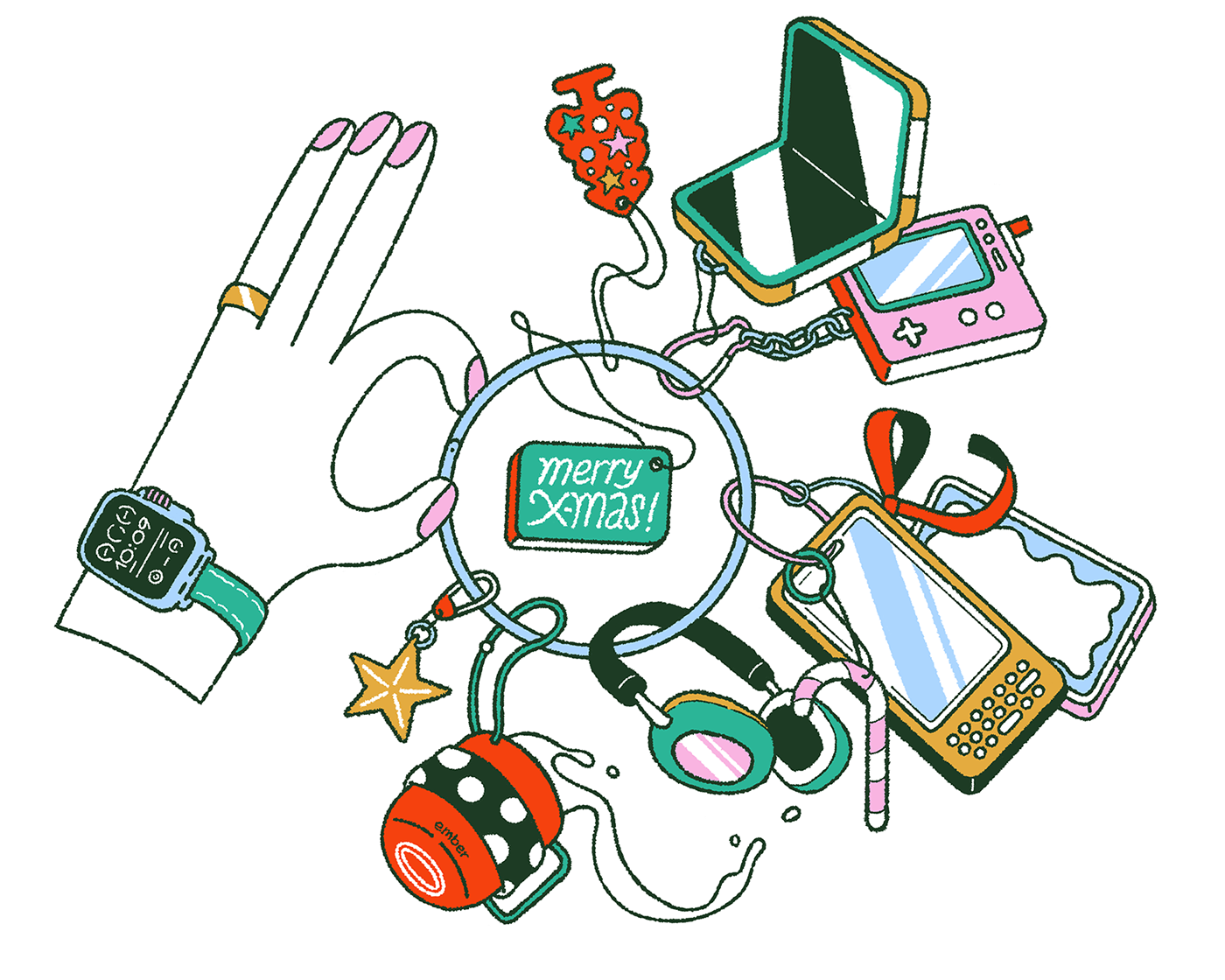 Tech and Gadget Gift Guide for Christmas christmas editorial illustration gadget gift gift guide holiday illustration keychain phone tech technology watch