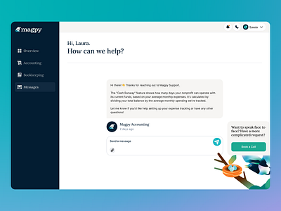 Magpy Message Centre accounting bird bookkeeping brand identity chat support illustration magpy messaging system product design saas software spot illustration ui ux