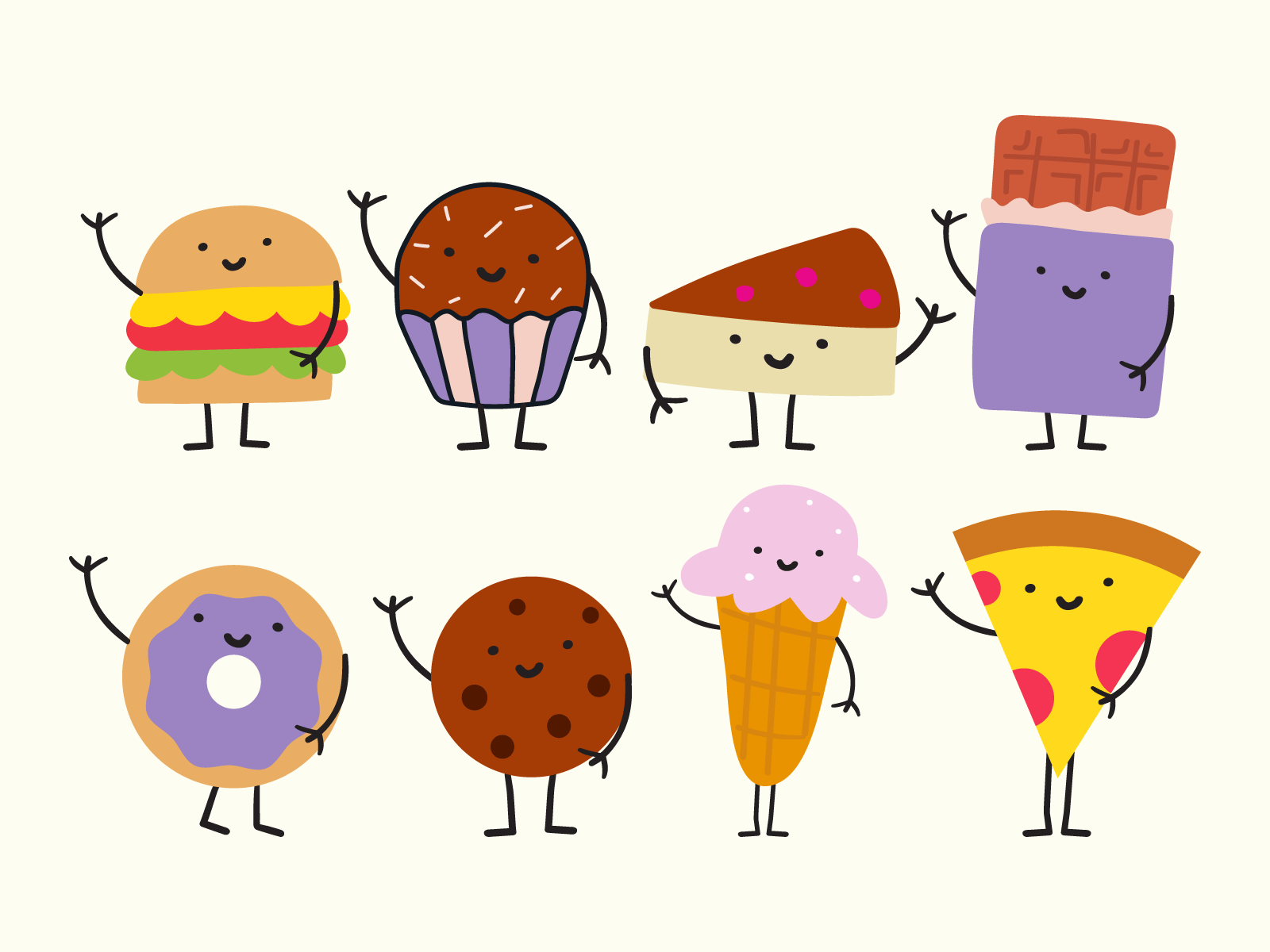 Fast food cute characters branding burger cake chocolate cookie cute design donut fast food flat food graphic design icon illustration junky kid little mark pizza symbol