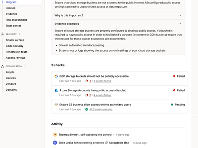 Compliance Monitoring Checks checks compliance figma iso27001 light mode list minimal oneleet product design saas security soc 2 status ui ui design web