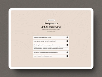 FAQs block brown collapse dropdown expand faq frequently asked questions landing page minimal modern pastel pattern typography uiux webdesign website