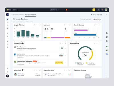 Tiimi - HR Manager Dashboard in a SaaS HR Management System candidate company dashboard employee hiring hr hrd hrm hrms job product design recruitment saas saas design staff management team management ui ux web design widget