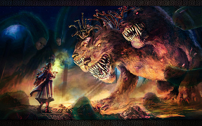 Pysché devant Cerbère creature darkfantasy digitalpainting environment illustration