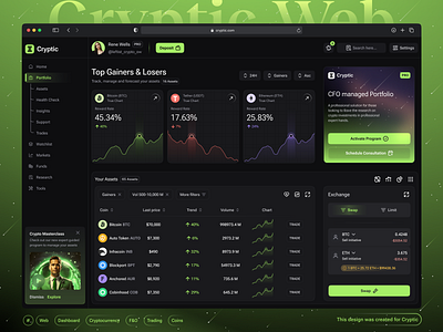 Crypto Dashboard - Cryptic akshay hooda analytics banking dashboard best crypto dashboard bitcoin charts crypto crypto dashboard crypto startup crypto walletr crypto web cryptocurrency dark theme dashboard financial ui ux web web design webapp