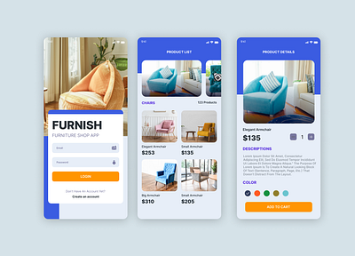 Furniture Shop App UI Design design ecommerce ui figma figma design furniture app furniture ui mobile applications mobileappdesign modern ui product details page product listing app shopappdesign ui apps uiux design user interface