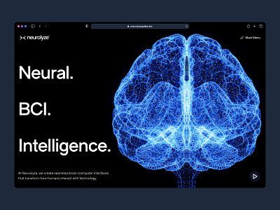 neurolyze: BCI Brain Computer Interface - Hero Exploration UI 3d bci biotech biotech landing page biotech web design biotech website blue brain brain computer interface clean dark mode digital health medical tech minimal modern neuroscience neuroscience website neurotechnology web design xray