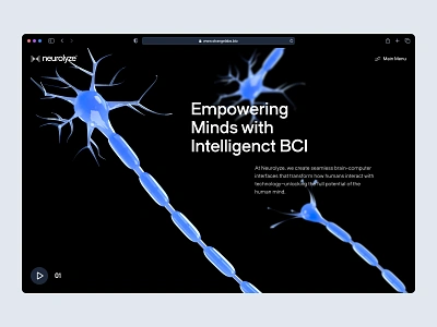 neurolyze: BCI Brain Computer Interface Hero UI Pattern Layout 3d bci biotech biotech landing page biotech web design biotech website blue brain computer interface clean dark mode digital health medical tech minimal modern neurology neuron neuroscience neuroscience website neurotechnology web design