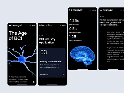 neurolyze: BCI Brain Computer Interface | Mobile Overview UI bci biotech biotech landing page biotech web design biotech website blue brain brain computer interface clean dark mode digital health minimal modern neural interface neurology neuroscience neuroscience website neurotech neurotechnology responsive website