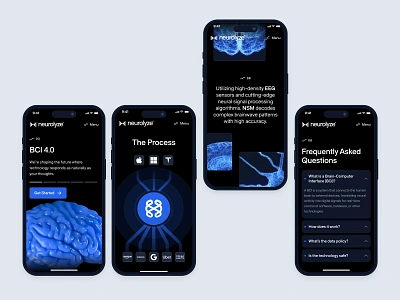neurolyze: BCI Brain Computer Interface | Mobile Overview UI bci biotech biotech landing page biotech web design biotech website blue brain computer interface clean cognitive science dark mode digital health medical tech minimal mobile ui modern neurology neuroscience neuroscience website neurotechnology responsive website