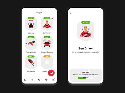 Badges app badge bages car drifter driver gamification insurance journey reward throtte ui vehicle zen zen driver