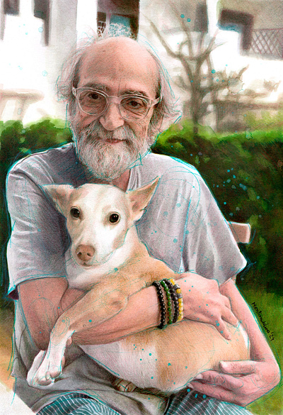 Man and dog family portrait drawing by Mentiradeloro acuarela coloredpencils dogportrait familyportrait mentiradeloro pencil portrait retrato watercolor watercolour