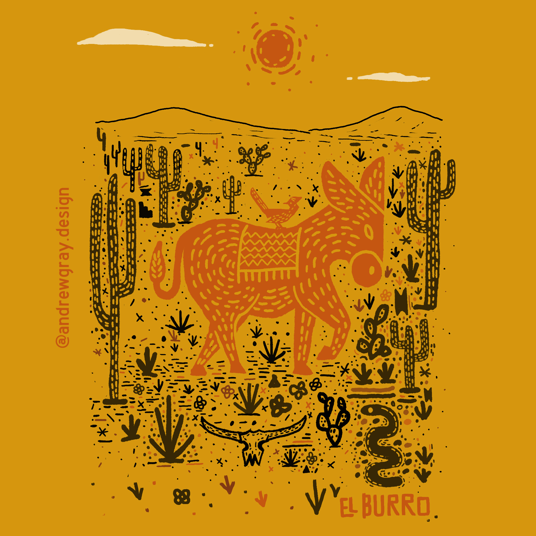 El Burro bird burro cactus desert design donkey graphic design illustration mule plants roadrunner skull snake southwest sun warm warmth west