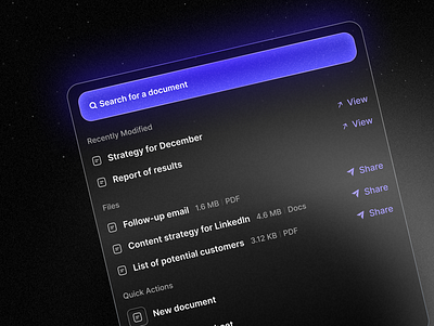 Search bar modal results SaaS Software UI Design black dark mode document glow lights modal modal design overlay pop up popup results saas search bar search modal search results software ui ui design ux ui violet