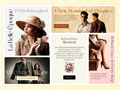 1940s-Inspired Fashion Brand | Bento Grid Design 1940 bento bento grid branding fashion fresher graphic design hackathon illustration modern responsive ui uiux ux vintage web design