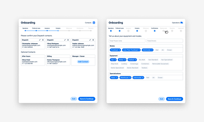 Forms, guided and by steps contacts form logistics software ui