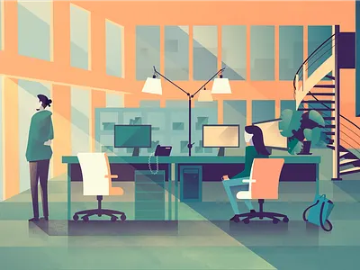 Hello Office 2d art character computer desk drawing illustration illustrator light morning office people photoshop space texture vector work working