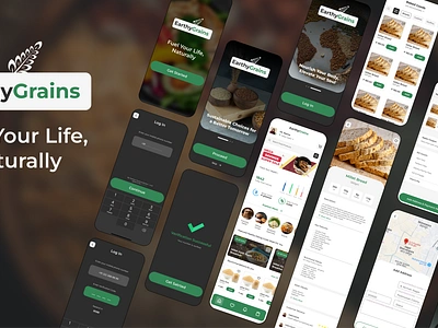 EarthyGrains – Millet-Based Lifestyle App branding checkout screens cleanui design designforgood designinspiration dribbbleshots ecofriendlydesign figma food product buying app graphic design healthyapp healthyliving healthysnackin milletlifestyle milletproducts mobileappdesign ui uiuxdesign userexperience