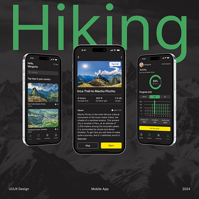 Hiking app app design dark theme design hiking hiking app mobile app mountains product design sport tourism tourist app travel app trekking ui design