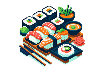 Sushi and rolls set art cusine fish food illustration japanese roll set shushi vector