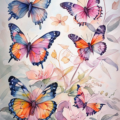 Watercolor Butterfly Garden botanical illustration butterfly and flowers butterfly illustration digital art fine art illustration floral art hand painted design insect art nature painting pattern vibrant colors watercolor art