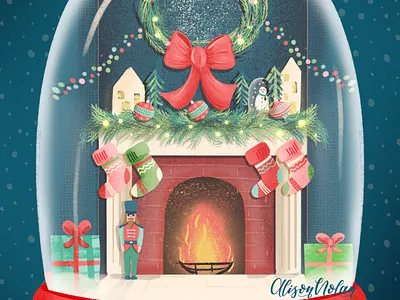 Holiday Warmth book cover christmas art deck the halls design digital illustration drawing challenge female illustrator festive art fireplace greeting card hand drawn hand lettering holiday warmth procreate snowglobe stockings