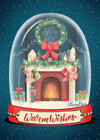 Holiday Warmth book cover christmas art deck the halls design digital illustration drawing challenge female illustrator festive art fireplace greeting card hand drawn hand lettering holiday warmth procreate snowglobe stockings