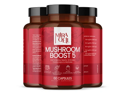 Mira Qell Mushroom Boost 5 label design mushroom mushroom boost mushroom supplement packaging design supplement label supplement label design supplements