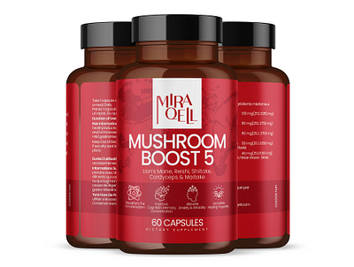 Mira Qell Mushroom Boost 5 label design mushroom mushroom boost mushroom supplement packaging design supplement label supplement label design supplements