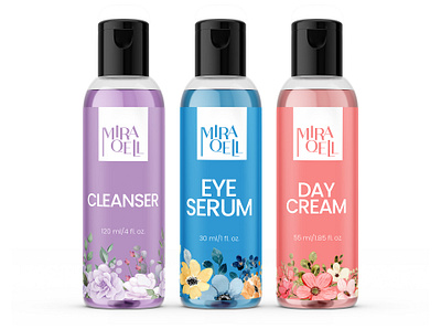 Mera Qell Essential Oils bottle label design cleanser day cream essential oil eye serum label design mockup packaging design product packaging