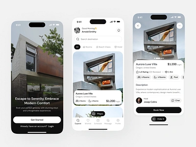 Hotel Booking Mobile App app card chart clean design fireart get started image ios listing mobile ui ux
