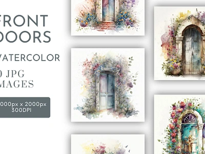 House Front Doors with Flowers Watercolor Clipart JPG 3d animation graphic design motion graphics