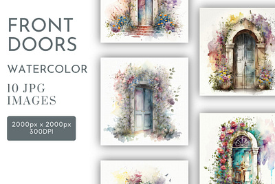 House Front Doors with Flowers Watercolor Clipart JPG 3d animation graphic design motion graphics