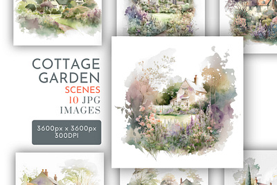 Cottage Garden Scenes Watercolour Clipart JPG 3d animation graphic design logo motion graphics